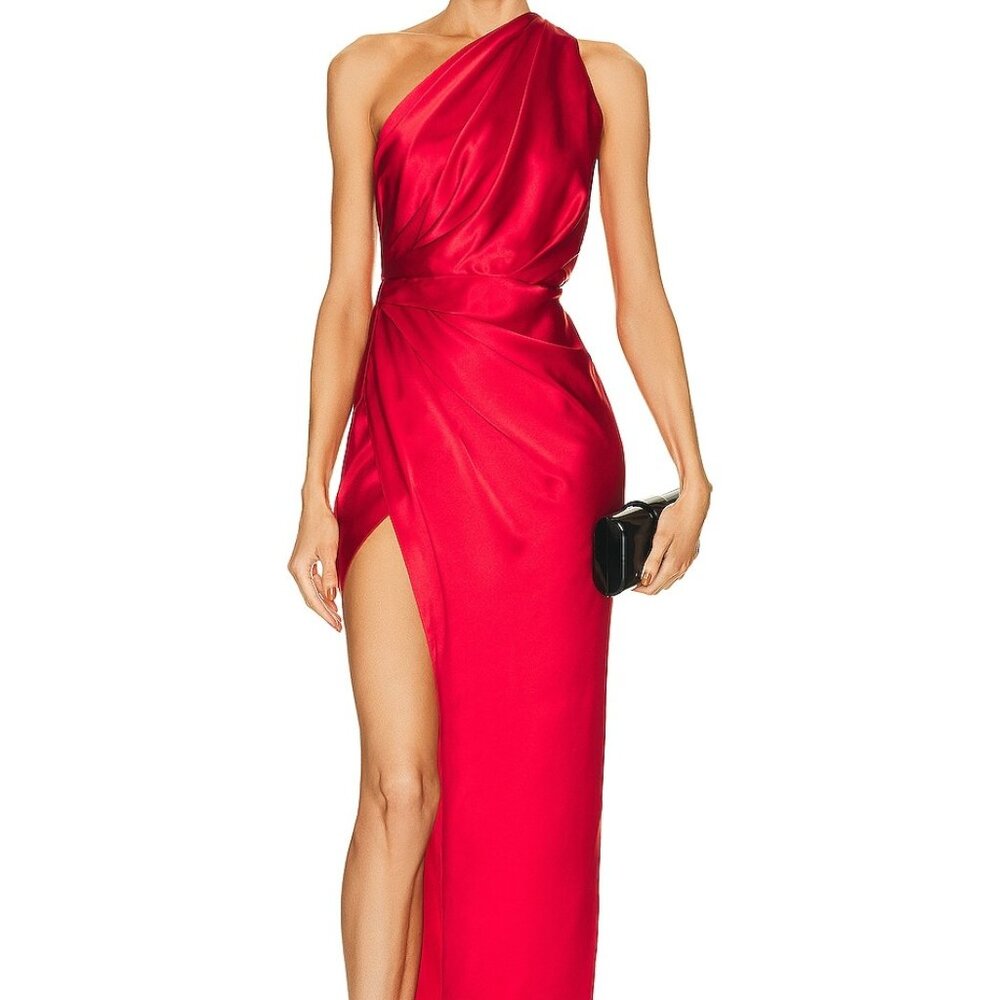 NEW The Sei Asymmetric Drape Gown Scarlet Red Silk Satin Formal Maxi Dress 2 XS